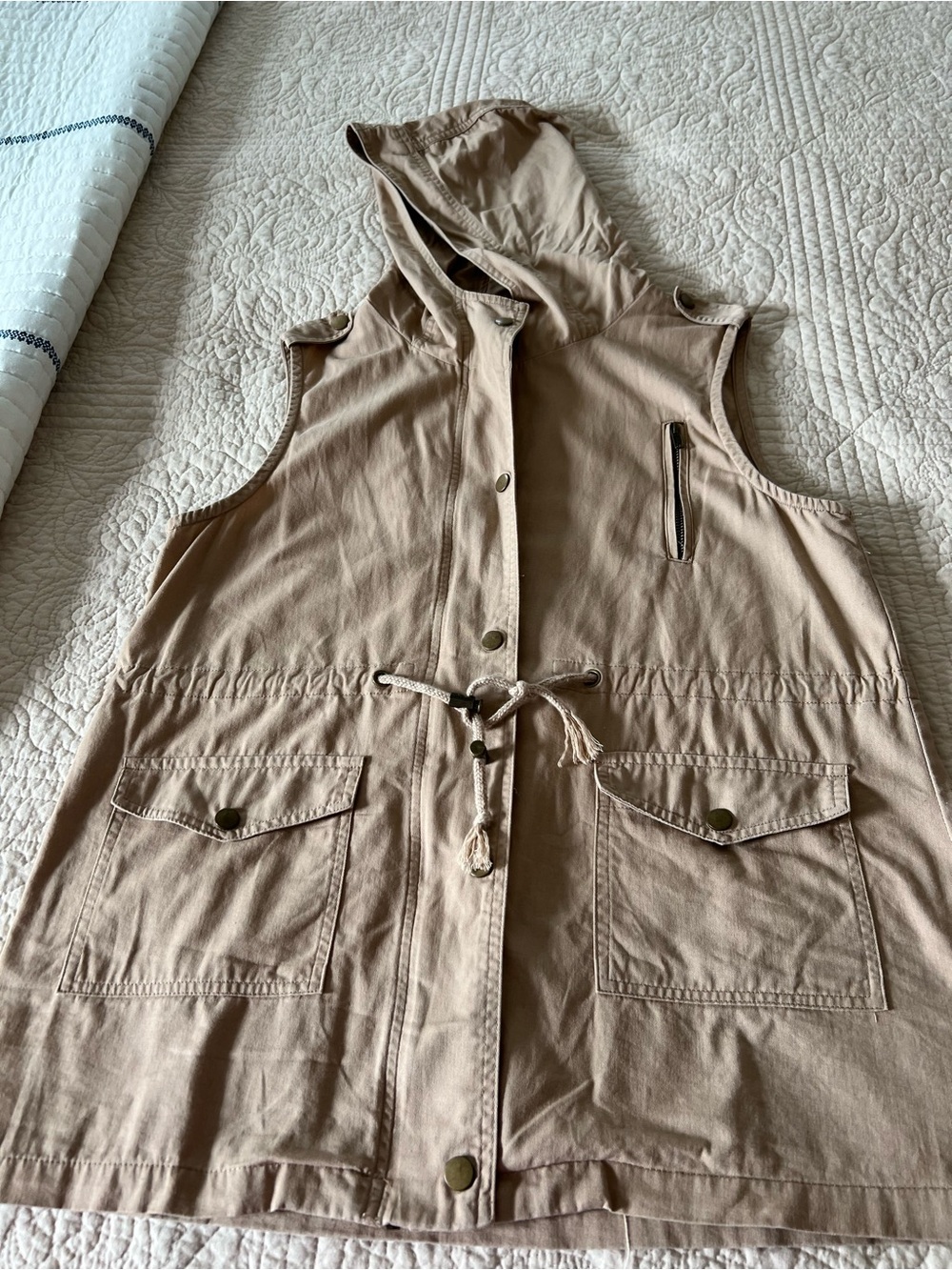 Zenana Outfitters Sleeveless Hooded Utility Vest - Taupe